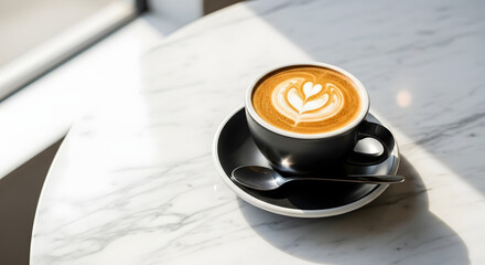 Savor the morning with a beautifully crafted latte art coffee cup sitting on a marble table bathed in soft sunlight