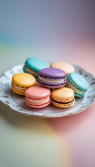 AI Pastel Macarons: Colorful French Desserts on a Vintage Plate, Sweet Treats