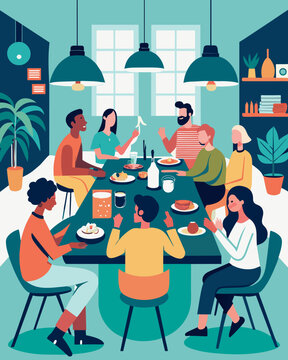 An eclectic mix of vintage and modern furnishings filled the dining hall where a group of digital nomads chatted over a potluck feast sharing stories of their travels.. Vector illustration