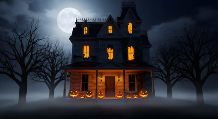 Spooky haunted Victorian mansion glows with carved pumpkins and eerie moonlight creating a perfect Halloween night scene