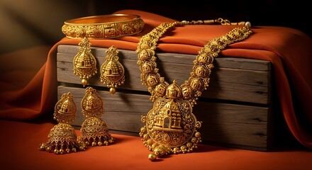 Exquisite traditional gold jewelry set featuring a statement necklace, jhumka earrings, and a bangle, showcasing intricate craftsmanship and cultural heritage.