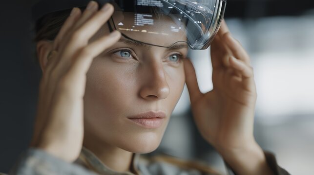 Engineer visualizing predictive simulation of new composite material strength via holographic AR display, emotion of fascination visible, symbolizing computational modeling, machine learning