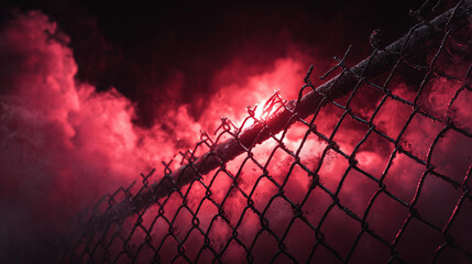 The cage of fight stage with red smoke is background , action mood.