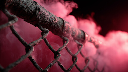 Close up the cage of fight stage with red smoke effect is background ,action mood.