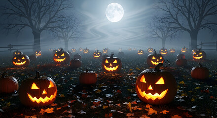 Spooky Jack O Lanterns illuminate a foggy Halloween night under a glowing full moon, creating a classic festive scene.