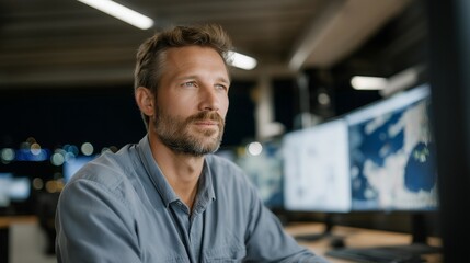 Obraz premium Data analyst monitoring blockchain nodes confirming cargo authenticity in global port system, emotion of satisfaction visible, symbolizing secure logistics, transparency, and decentralized data