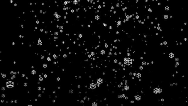 A simple animation of many white snowflakes falling against a black background in a seamless loop effect
