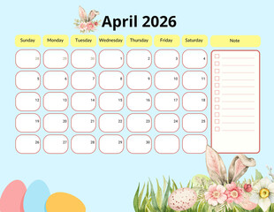 2026 Monthly calendar, Pastel seasonal 
