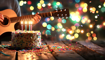 Man plays guitar near birthday cake with candles, surrounded by colorful lights and confetti, creating festive atmosphere