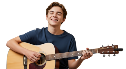 A young man playing an acoustic guitar and smiling with his eyes closed video 4k