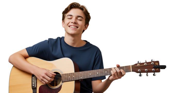 A young man playing an acoustic guitar and smiling with his eyes closed video 4k - Powered by Adobe