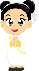 Characters of a girl in Chinese clothing in a bowing pay respect pose cartoon illustration design for chinese new year
