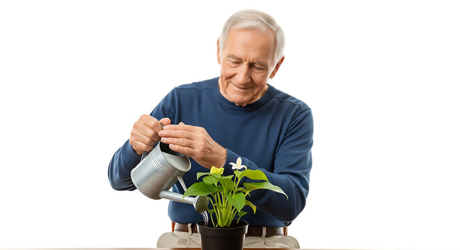 Elderly man watering a potted plant with a metal watering can indoors video 4k