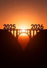 Bridge between 2025 and 2026 at sunset, symbolizing transition to new year