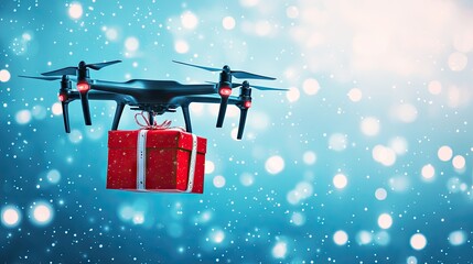 Flying drone delivers holiday gift against a snowy blue background during winter celebration