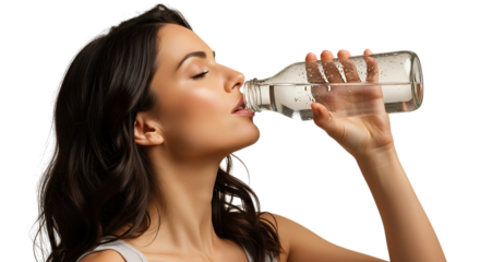 Woman drinking water from a clear bottle with her eyes closed close up video 4k