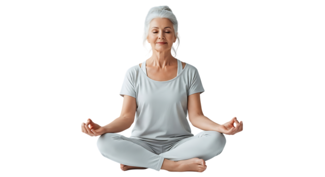 Older woman with gray hair meditating in lotus position with eyes closed video 4k