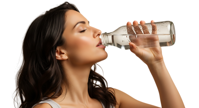 Woman drinking water from a clear bottle with her eyes closed close up video 4k