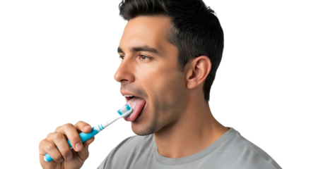 Man brushing his tongue with a blue and white toothbrush in profile view video 4k