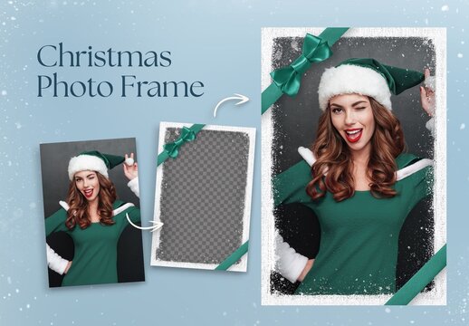 Christmas Photo Frame Flyer Template with Red Ribbon Bow  & Frosty Ice Border