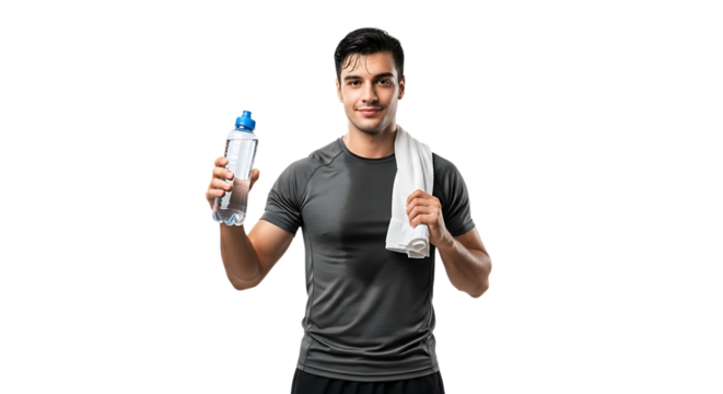 Man holding water bottle and towel after workout on black background video 4k
