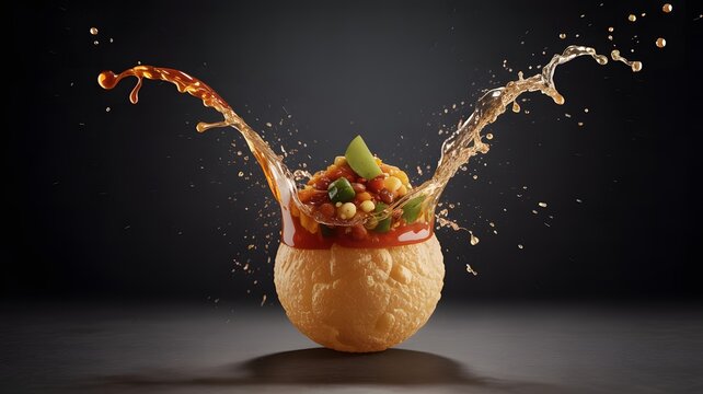Pani Puri Explosion Concept Creative Poster Style Delicious Pani Puri with Spicy Filling and Flavorful Water Splas