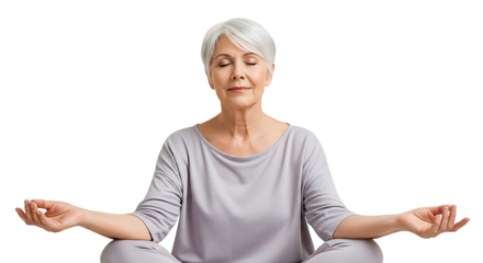 Older woman with gray hair meditating in lotus position on black background video 4k