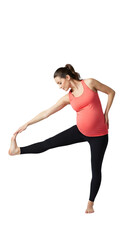 Fototapeta premium A pregnant woman in a coral top doing a standing hamstring stretch pose video 4k