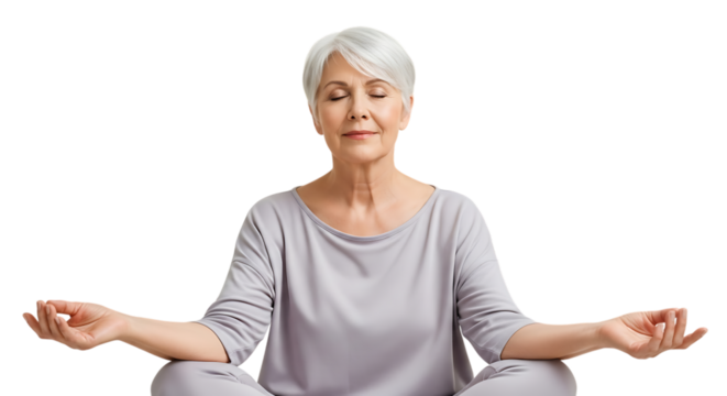 Older woman with gray hair meditating in lotus position on black background video 4k