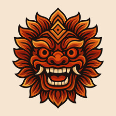 Intricate and Fierce Balinese Barong Mask Illustration with Fiery Color Palette and Detailed Textures