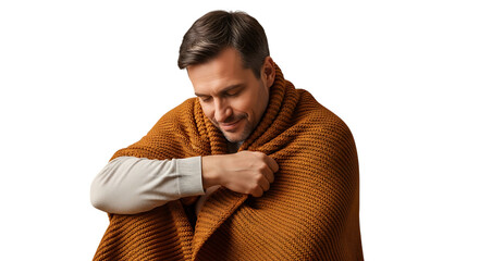 Man wrapped in a brown knitted blanket looking down with a gentle smile video 4k