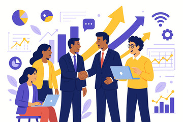 Vector illustration of a professional team achieving corporate goals and market growth through collaboration and strategy