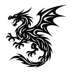 Mythical creature graphic of a powerful black dragon in a traditional tribal style, roaring with spread wings and sharp claws, symbolizing strength and ancient legends