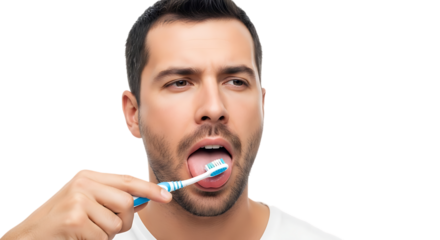 A man brushing his tongue with a blue and white toothbrush close up shot video 4k