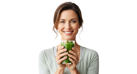 Woman smiling while holding a glass of green smoothie in her hands face video 4k