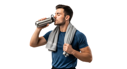 A man drinking from a metal bottle with a towel around his neck after gym video 4k