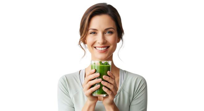 Woman smiling while holding a glass of green smoothie in her hands face video 4k - Powered by Adobe