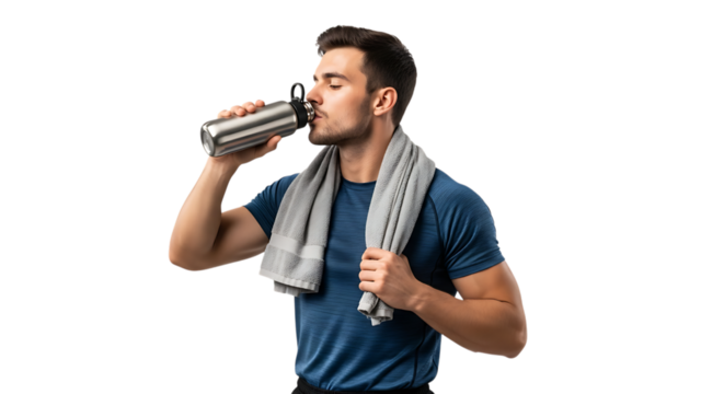 A man drinking from a metal bottle with a towel around his neck after gym video 4k