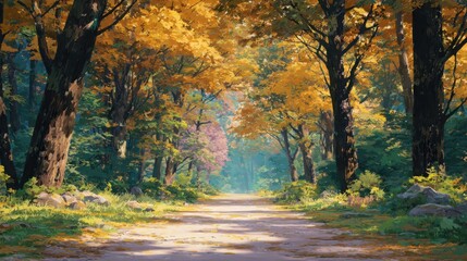 Obraz premium Majestic autumn pathway through vibrant trees in a sunlit forest scene near a quiet stream