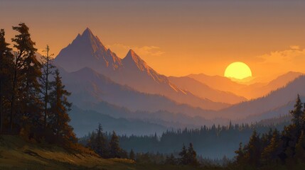 Obraz premium Sunset over majestic mountains with dense forests bathed in warm golden light