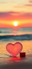 Fototapeta premium Pink heart shaped plastic box on beach next to open red gift box with sunset over sea and sky casting warm hues across horizon