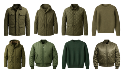 PNG Stylish olive green outerwear collection, element set on transparent background