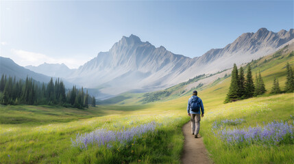 Obraz premium Person walking along mountain trail in scenic landscape, concept of adventure, freedom and mindfulness.
