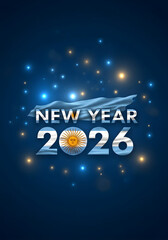 Happy new year 2026 banner with argentina flag on blue bokeh background