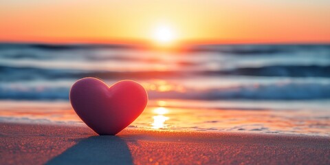 Fototapeta premium Heart shaped object on beach at sunset with waves gently lapping in front and soft pastel sky above