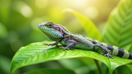 Fototapeta premium A vibrant green lizard rests on a large tropical leaf in the soft sunlight.