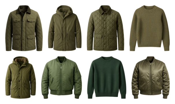 PNG Stylish olive green outerwear collection, element set on transparent background