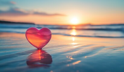 Fototapeta premium A pink heart-shaped object on a beach at sunset reflecting in calm water with a beautiful sky and gentle waves, creating a romantic atmosphere