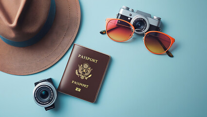 Travel Essentials: Passport, Cameras, Hat, and Sunglasses - AI Generated