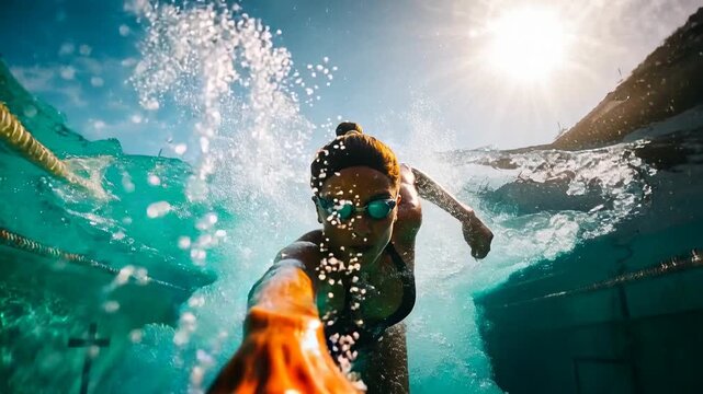 Powerful underwater swim stroke slices through sparkling bubbles near the pool wall, delivering elite endurance and summer adrenaline&mdash;built for sports brands, fitness apps, and training content
